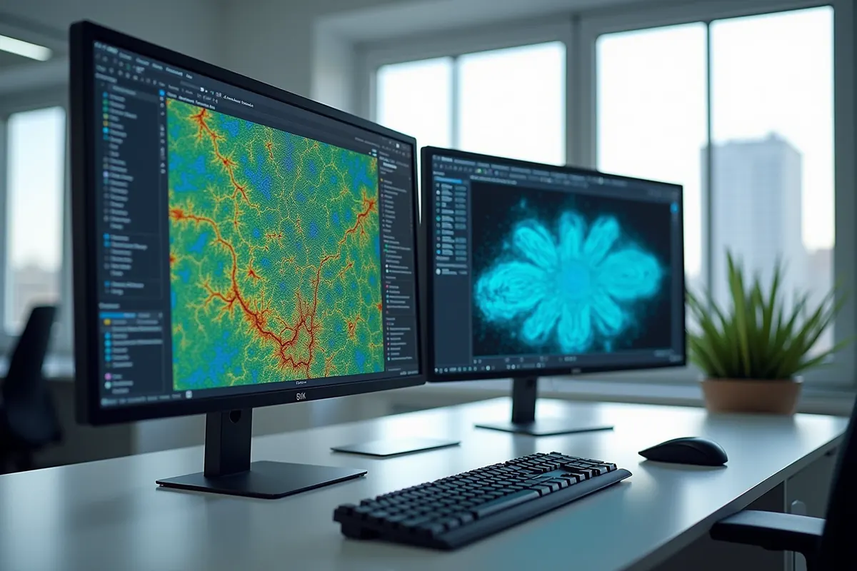 Two monitors showing colour-ramped terrain elevation data and contour linework at a processing workstation