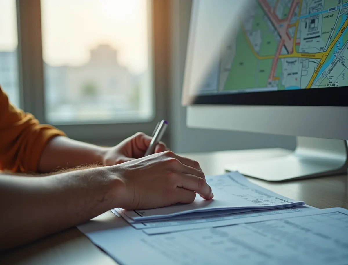 Survey engineer reviewing a site boundary map on a monitor at a bright office desk