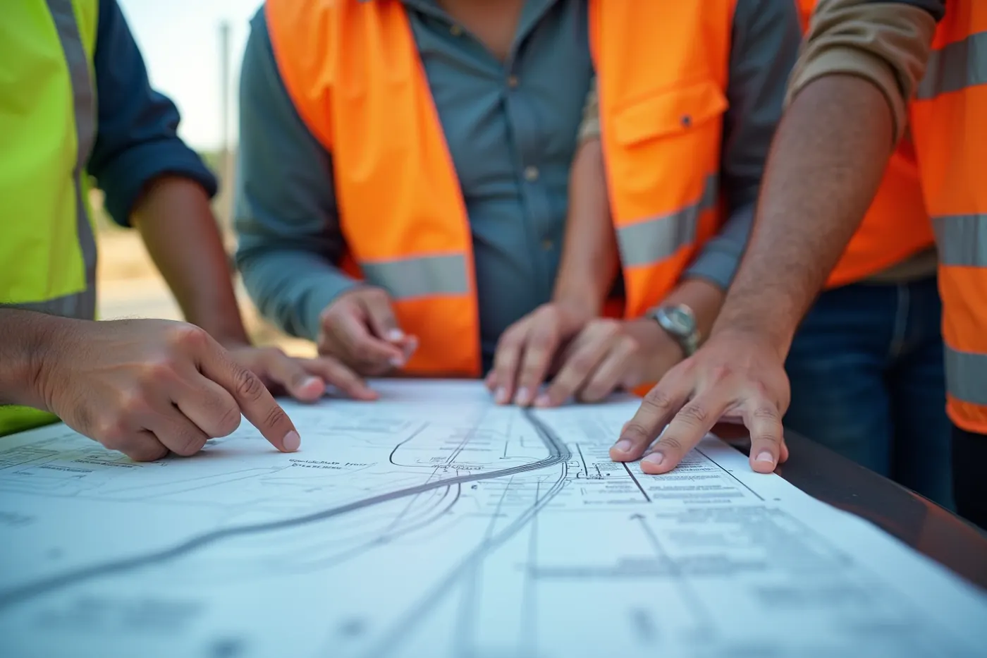 Three survey engineers in hi-vis vests reviewing a site drawing spread across a vehicle bonnet at a highway construction site