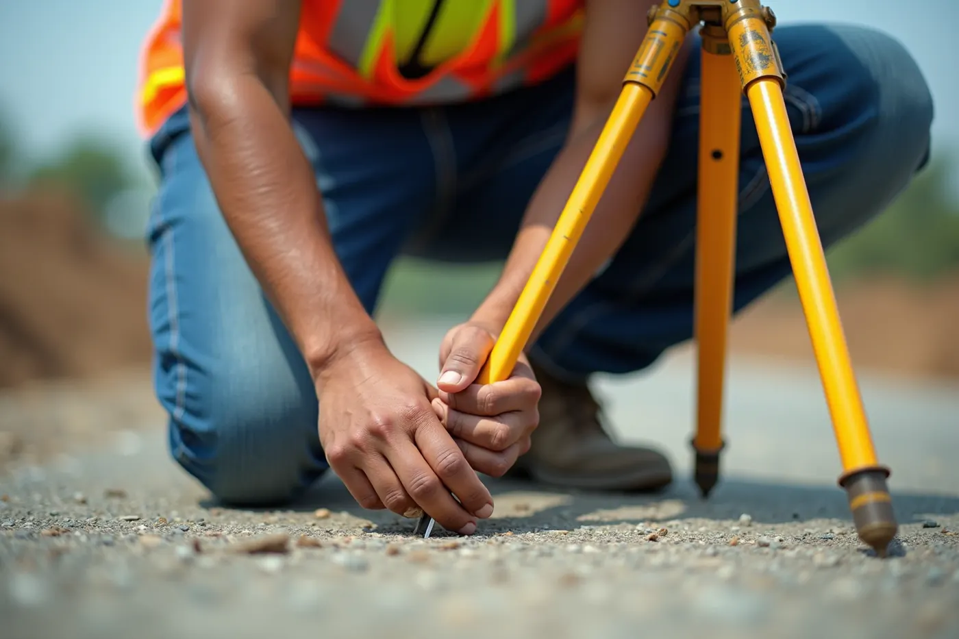 Survey engineer in a hi-vis vest setting a survey marker into the ground beside a tripod at a construction site