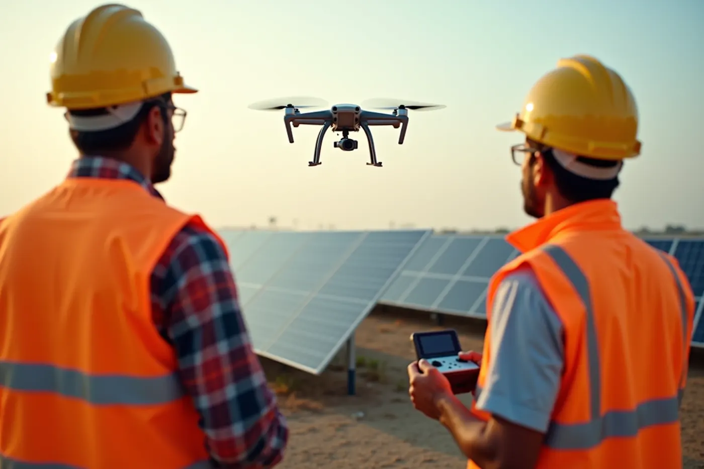 Two survey engineers seen from behind watching a drone climb over a solar park at sunrise