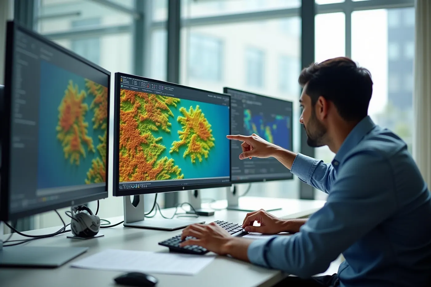 Geospatial analyst reviewing a colour-ramped terrain model on a large monitor in a bright office