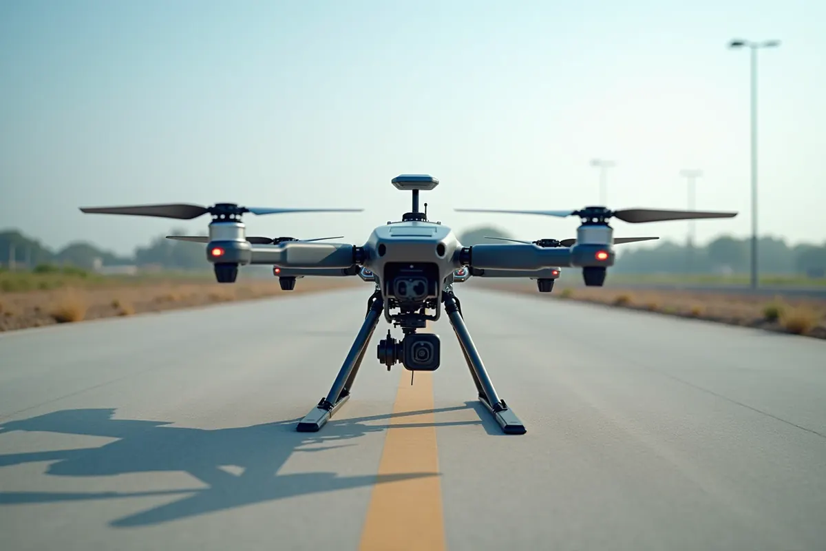 Professional carbon-fibre survey quadcopter on a landing pad at an infrastructure site, arms unfolded and gimbal camera fitted