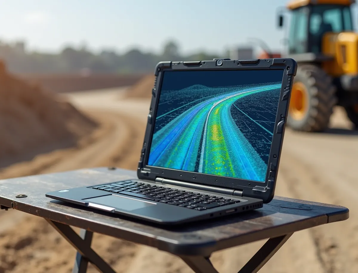 Rugged laptop on a field table showing a dense colour-ramped LiDAR point cloud of a highway corridor