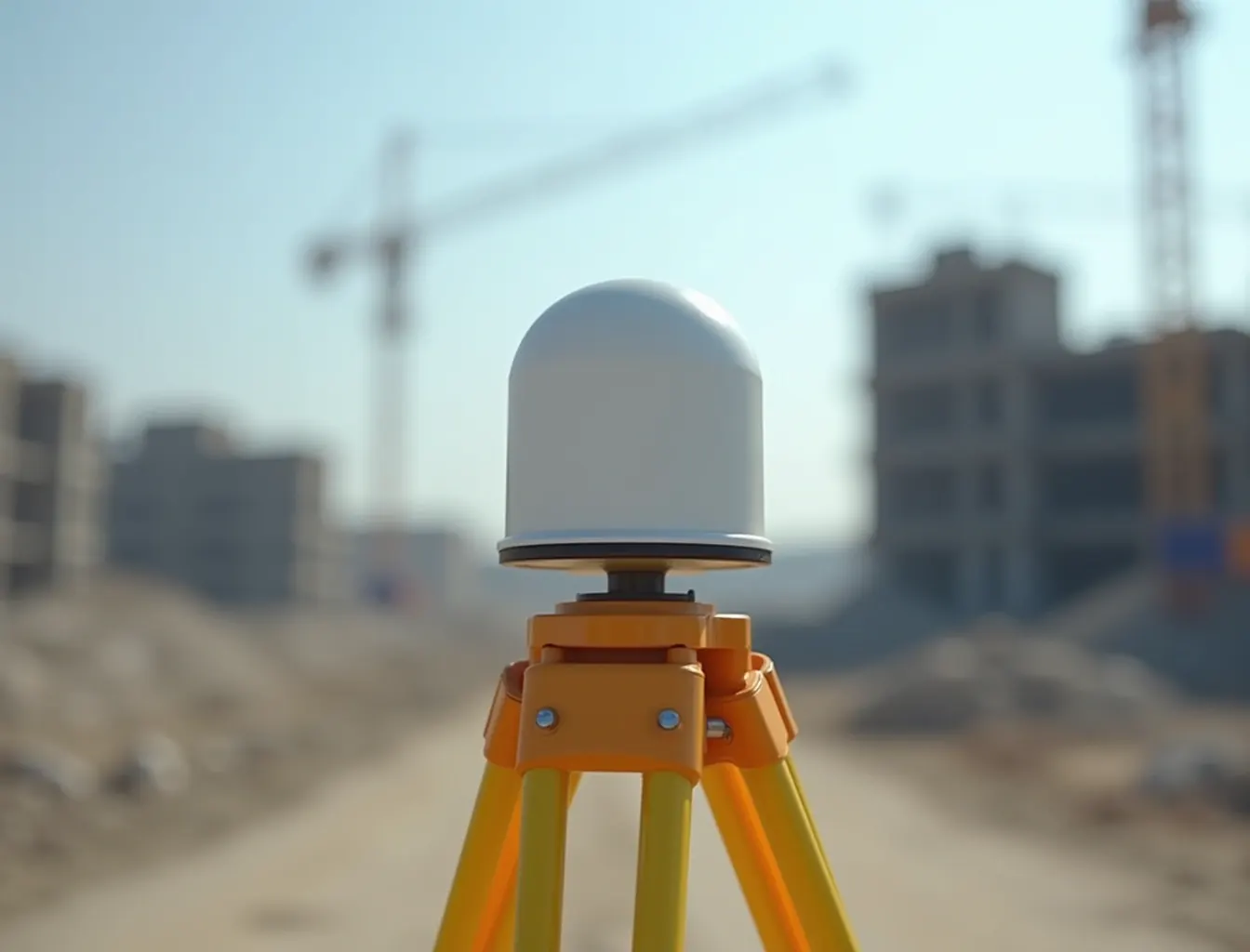 GNSS satellite positioning receiver mounted on a yellow survey tripod at a construction site