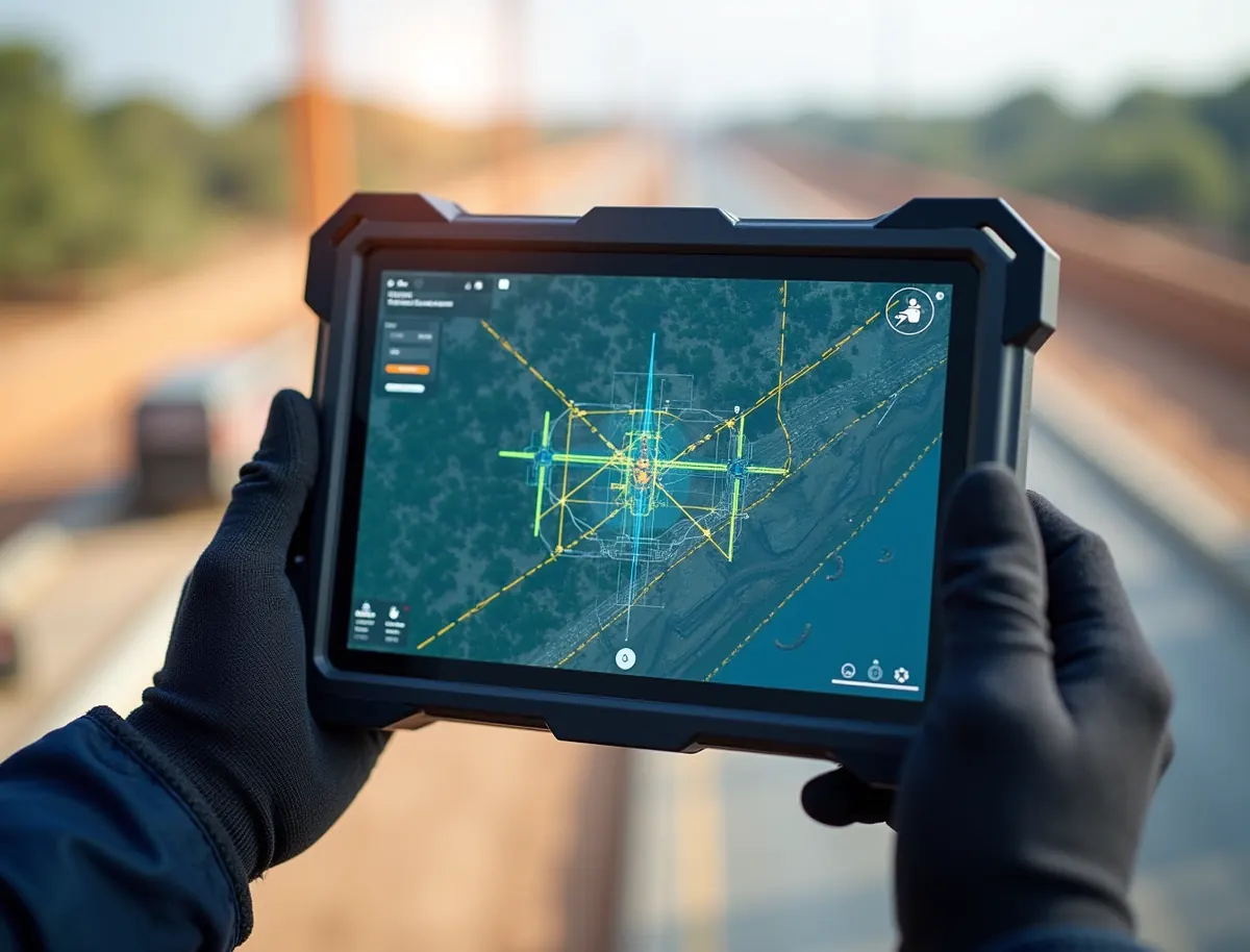 Rugged tablet held in gloved hands showing a drone survey flight plan grid over a construction site
