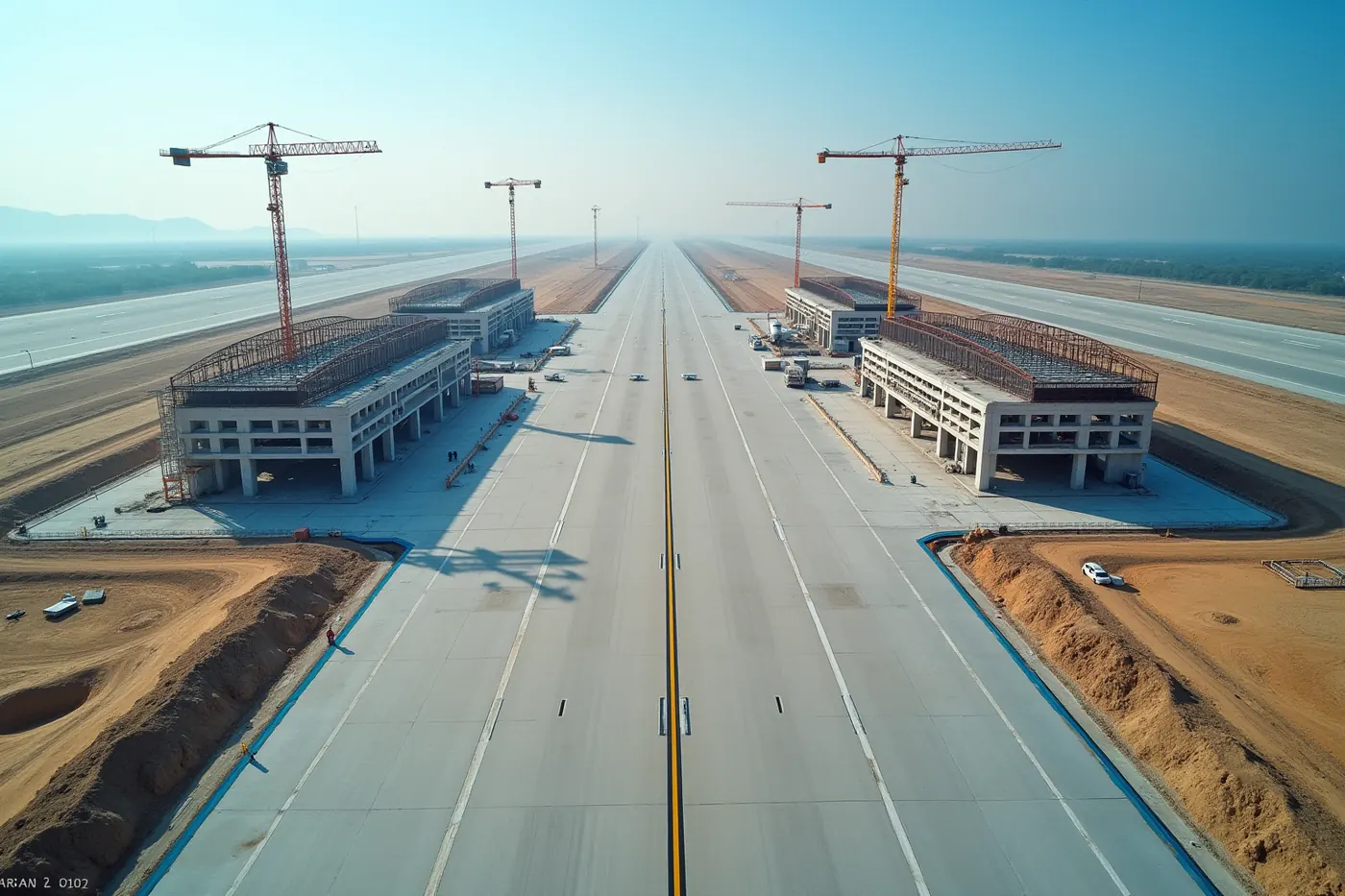 Aerial view of an airport runway and taxiway apron under construction with a terminal shell and cranes
