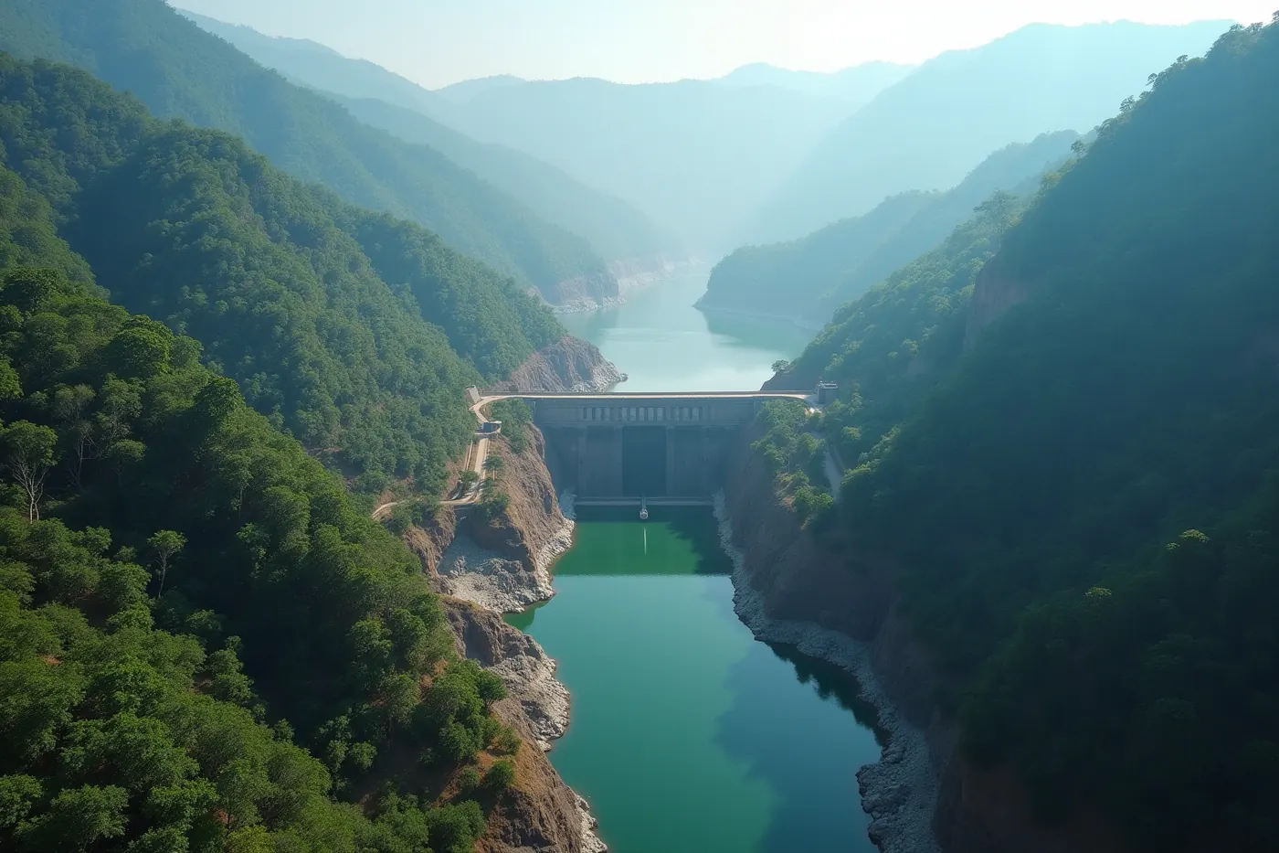 Aerial view of a hydro-electric dam and reservoir surrounded by steep forested slopes in the Western Ghats