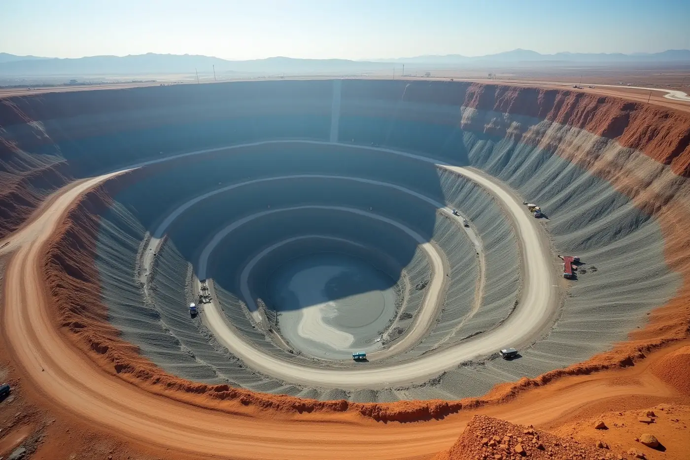 Aerial view of an open pit mine with terraced benches, spiral haul roads and ore stockpiles
