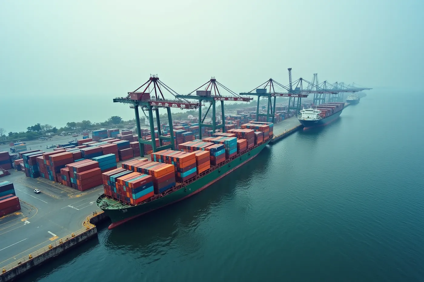 Aerial view of a cargo seaport with container stacks in rows and quay cranes along the berth
