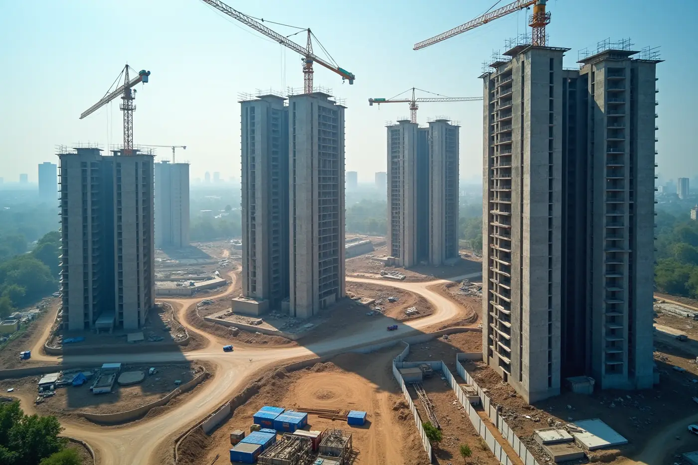 Aerial view of a residential township construction site with concrete tower cores and tower cranes
