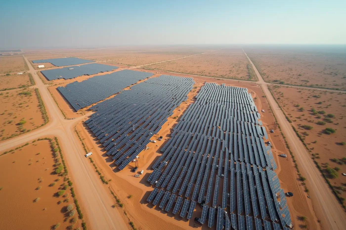 Aerial view of a utility-scale solar park with rows of dark panels stretching across arid flat terrain