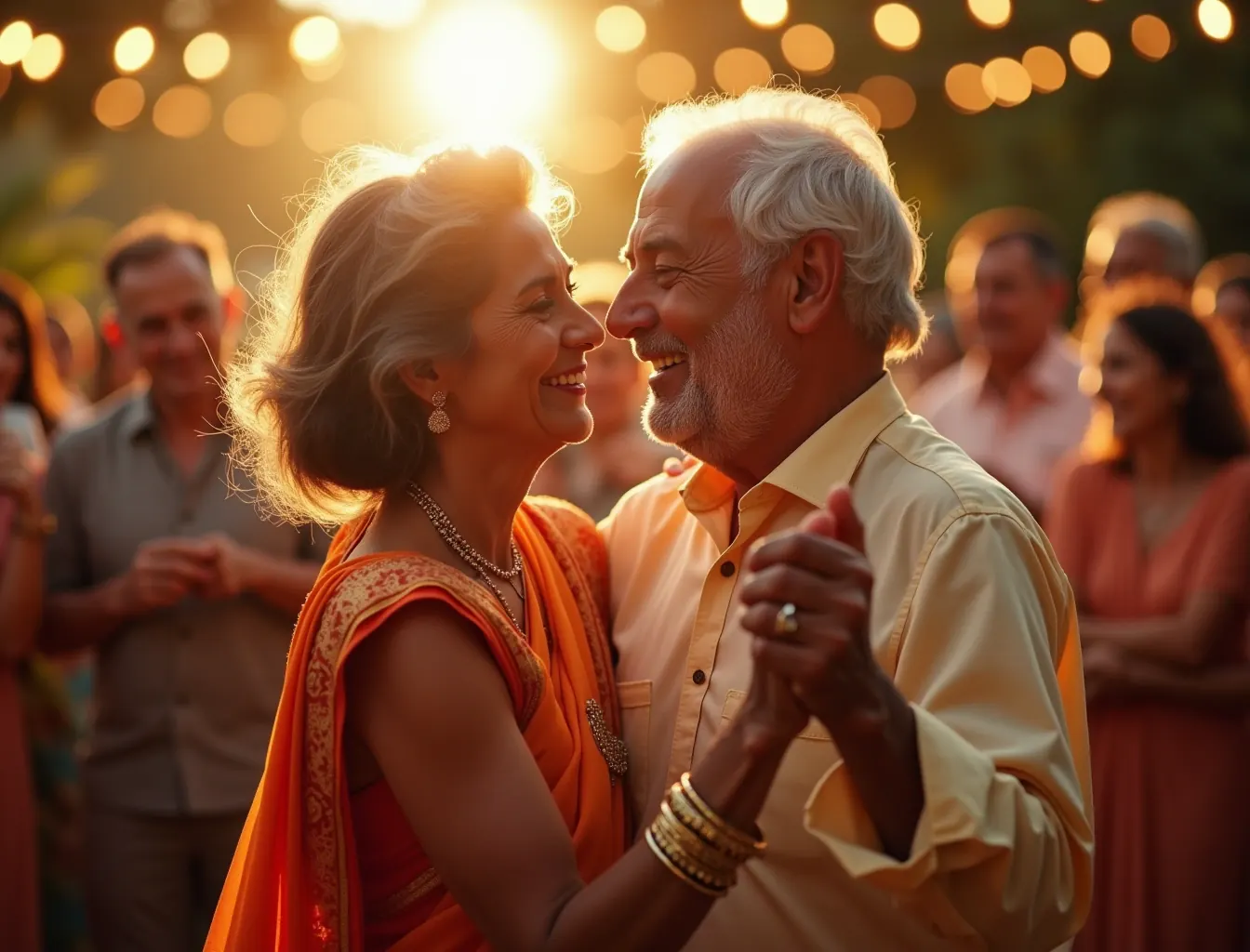 Older couple dancing together at their anniversary celebration, family blurred behind