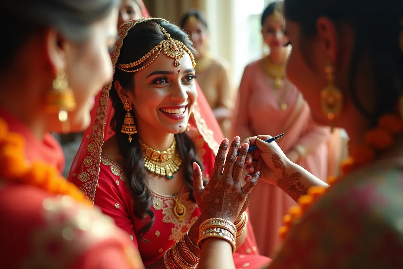 Bride laughing with friends during a mehndi ceremony, henna being applied to her hands