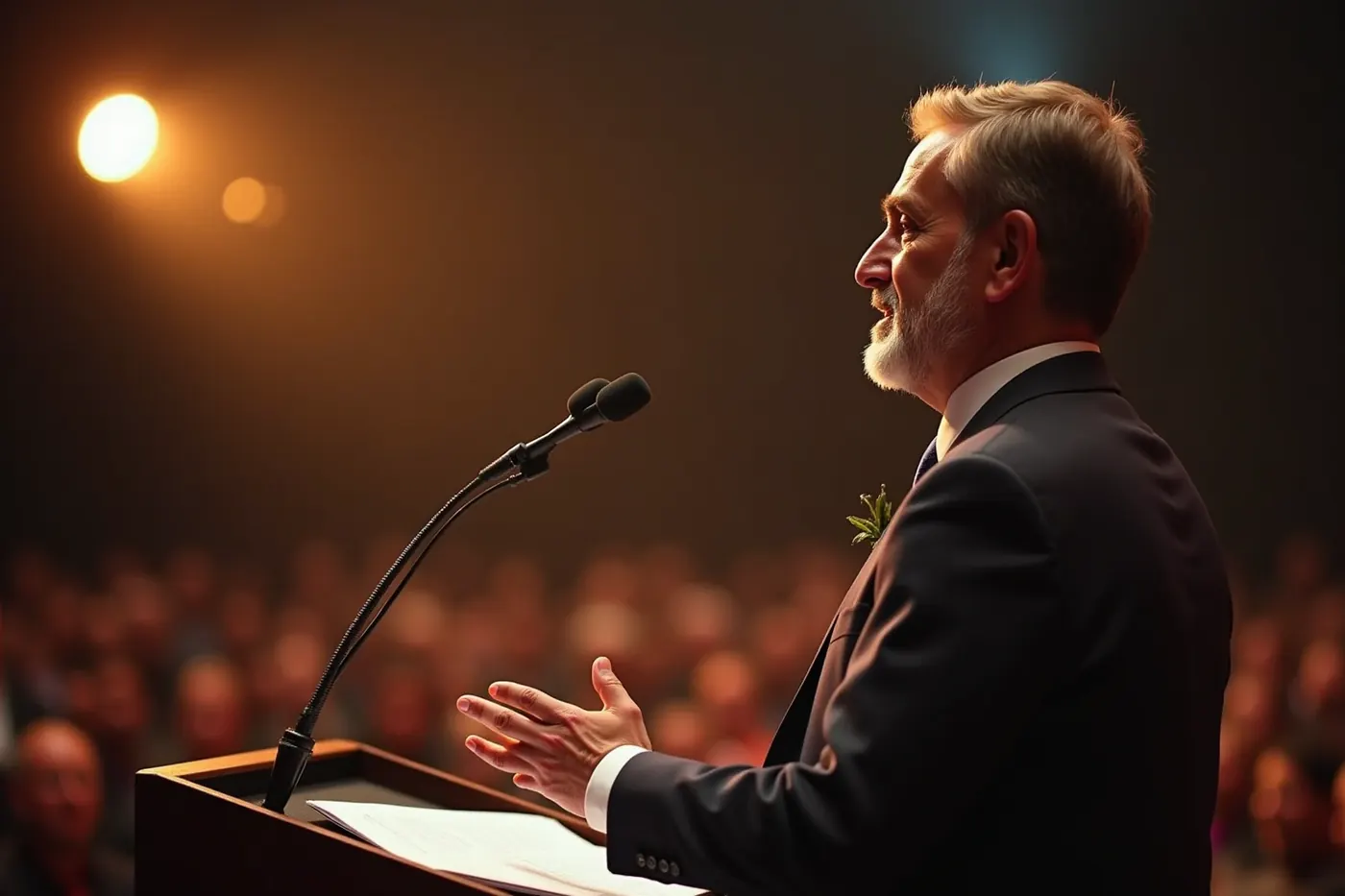Speaker addressing an audience from a stage at a corporate conference, shot from the side