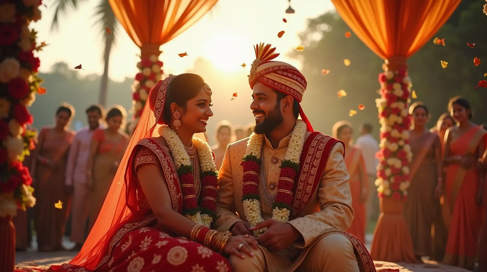 Bride and groom laughing together under a flower-decorated mandap at a wedding