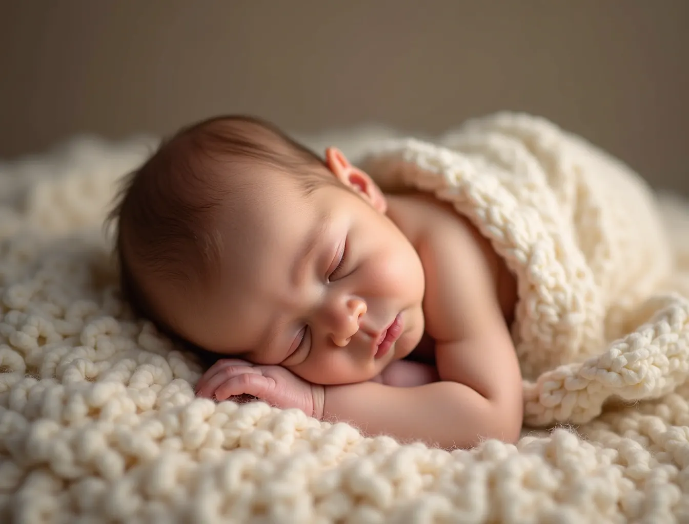 Sleeping newborn curled on a soft neutral blanket, tiny hands visible near the face