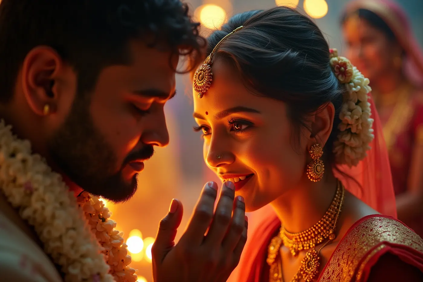 Bride and groom during a Hindu wedding ceremony, photographed candidly in warm evening light
