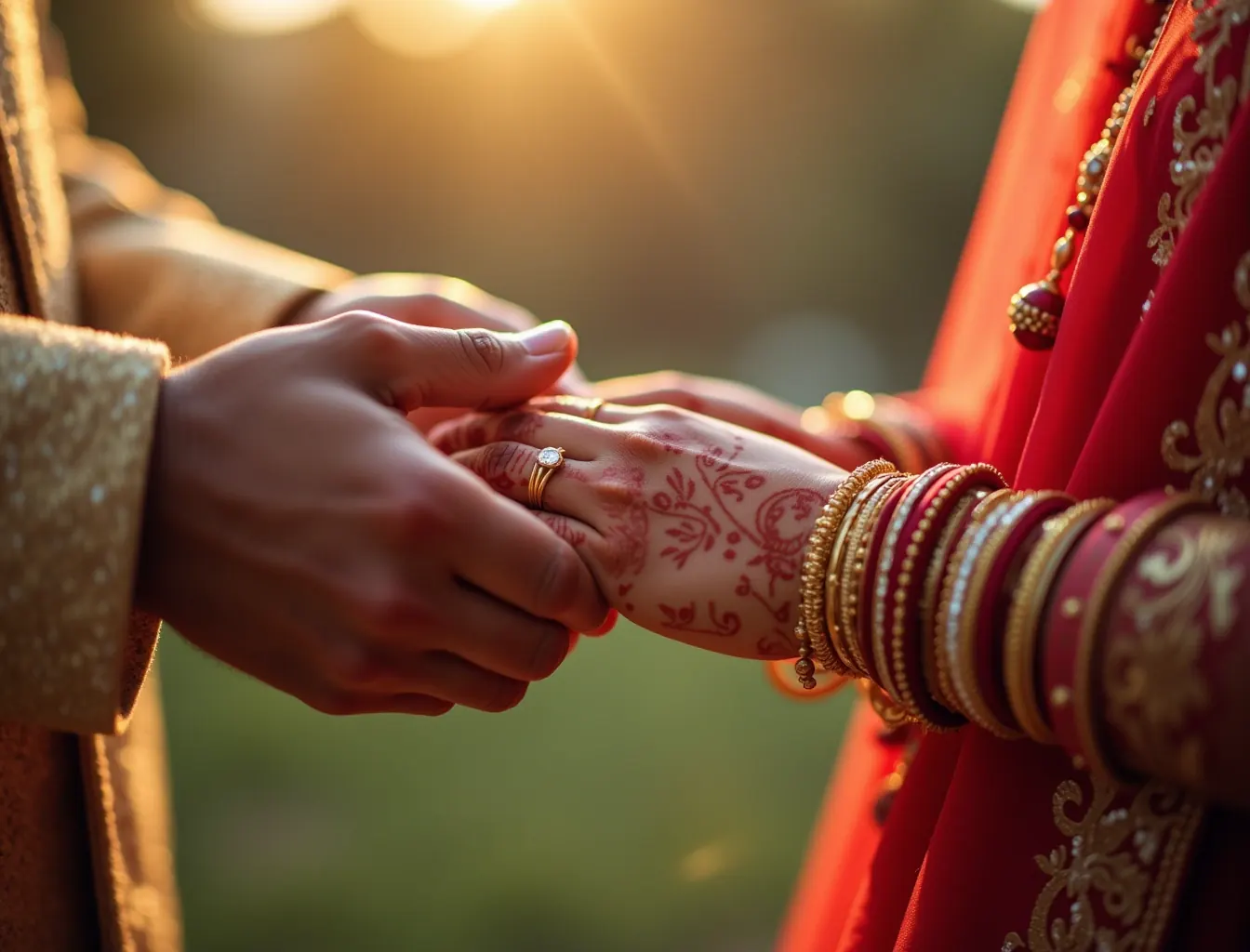 Close-up of a groom placing a ring on his bride's hand, henna visible, soft warm light