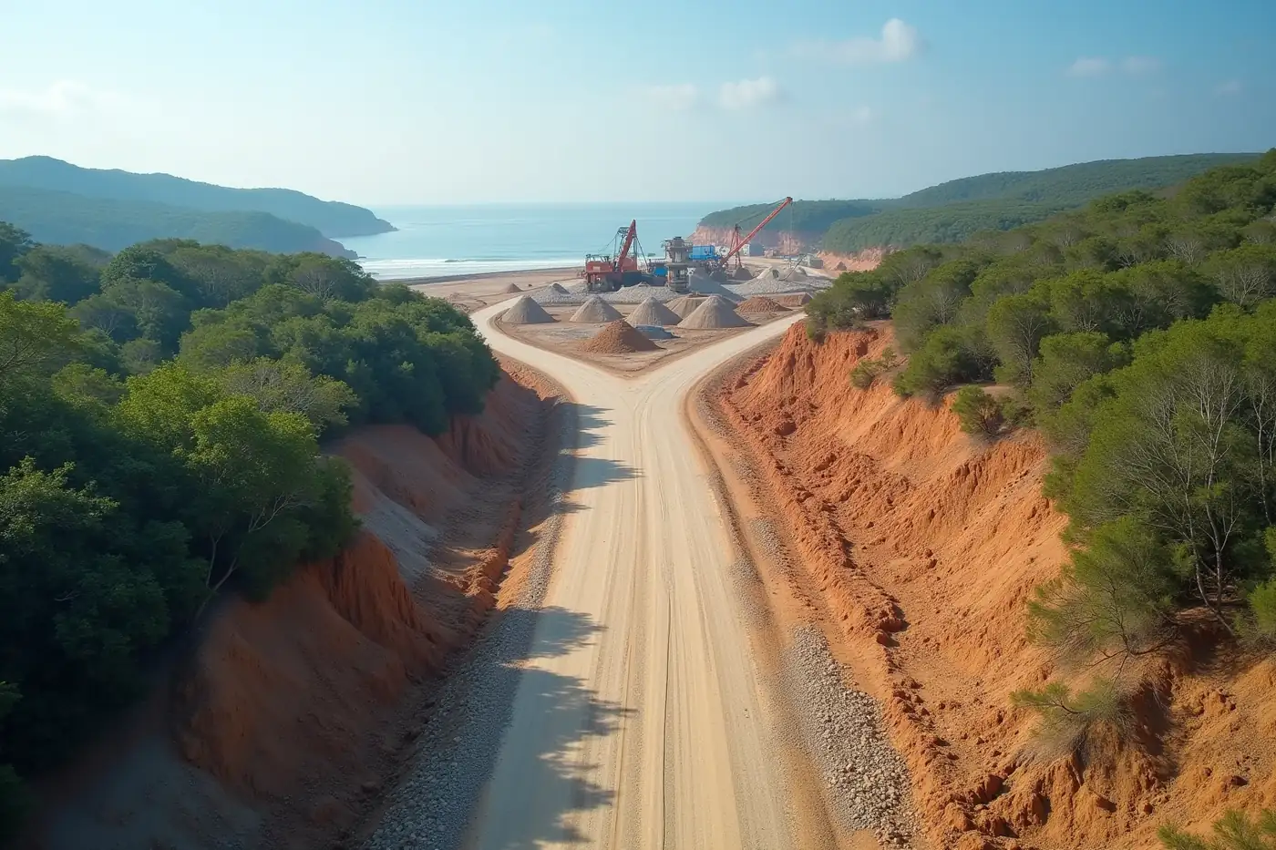 Aerial view of a graded gravel haul road cut through coastal scrub towards a stone crusher plant near the sea
