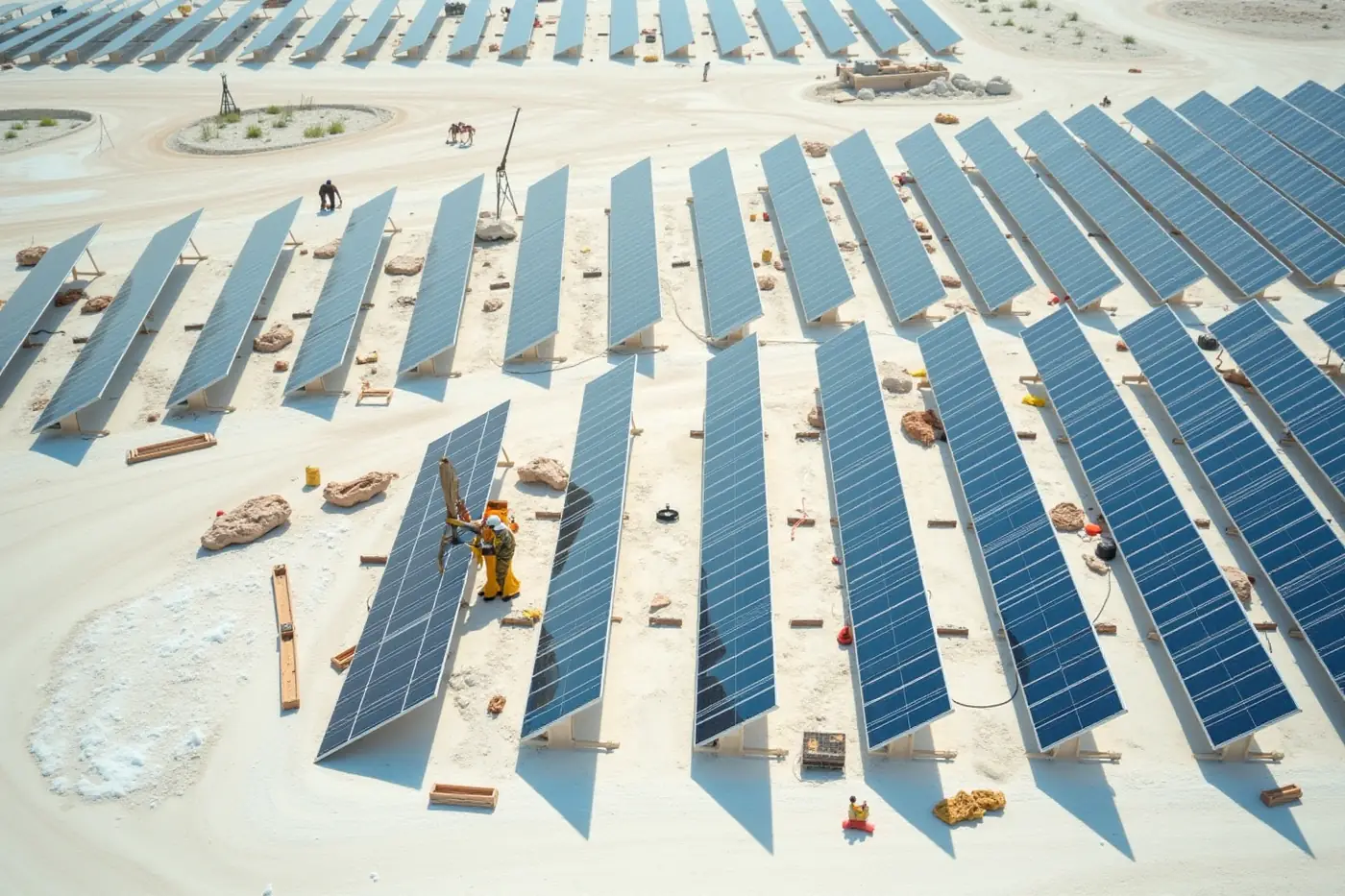 Aerial view of solar module rows being installed in a grid across white salt-crusted desert terrain in Kutch
