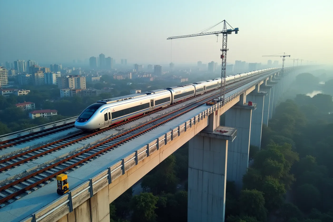 Aerial view of an elevated high-speed rail viaduct on precast piers running through a dense Indian city at sunrise