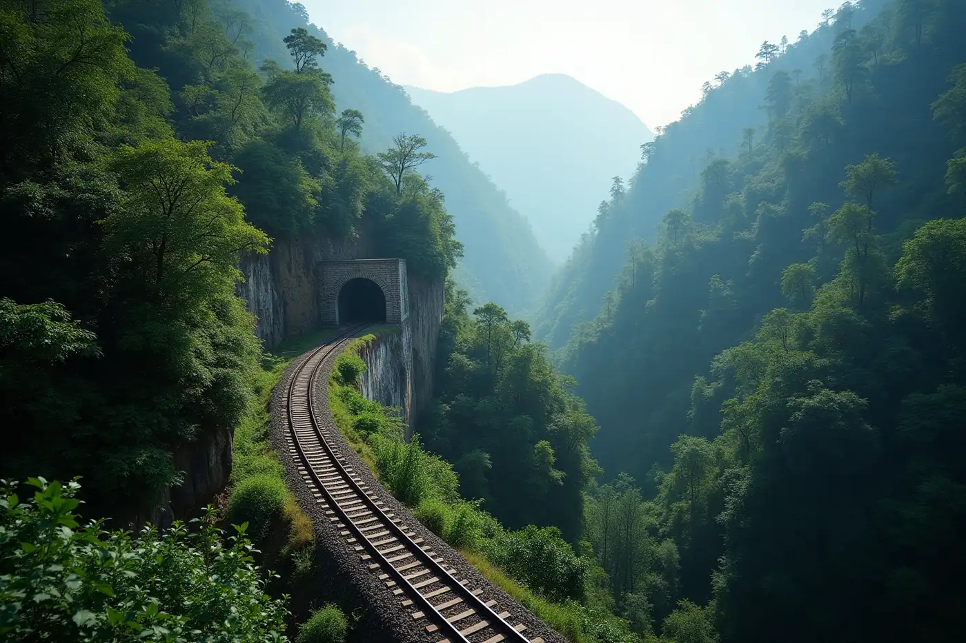 Railway line curving through steep forested ghat mountains towards a stone tunnel portal, seen from above