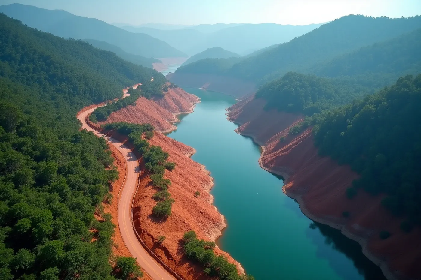 Aerial view of a reservoir and access roads cut into densely forested hills at a hydro-electric project site