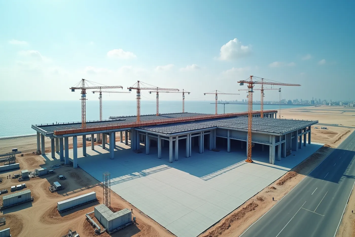 Aerial view of a new airport terminal under construction on flat coastal land, roof steelwork and tower cranes in place