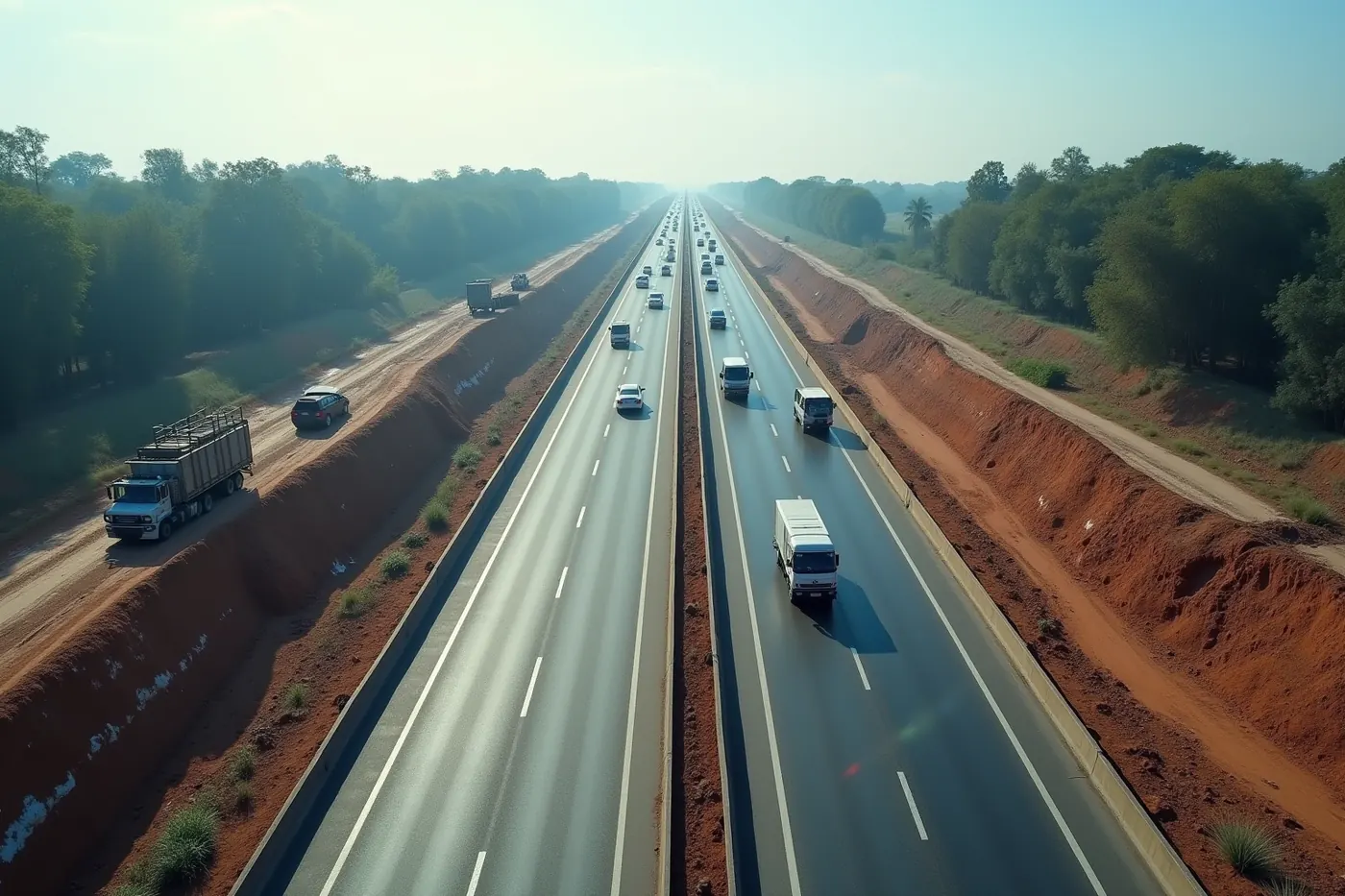 Aerial view along a national highway widening project with new lanes under construction beside the existing carriageway
