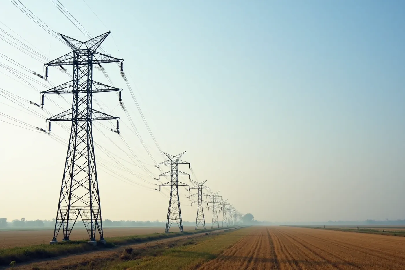 Steel lattice transmission towers receding in a straight line to the horizon across farmland at sunset